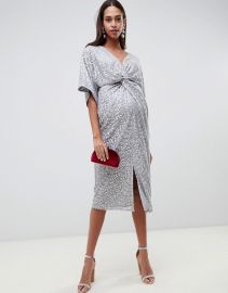 Little Mistress Maternity all over sequin knot front midi dress in silver at asos com at Asos